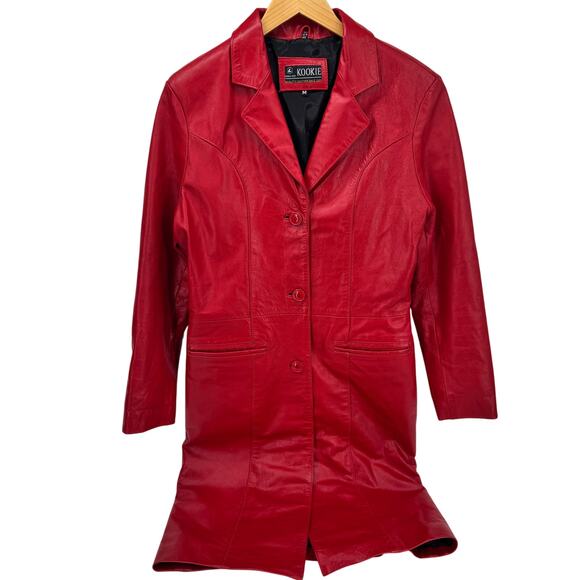 Vintage Leather Coat Womens Medium Red Midi Length Button Up Classic Kookie - Picture 1 of 8